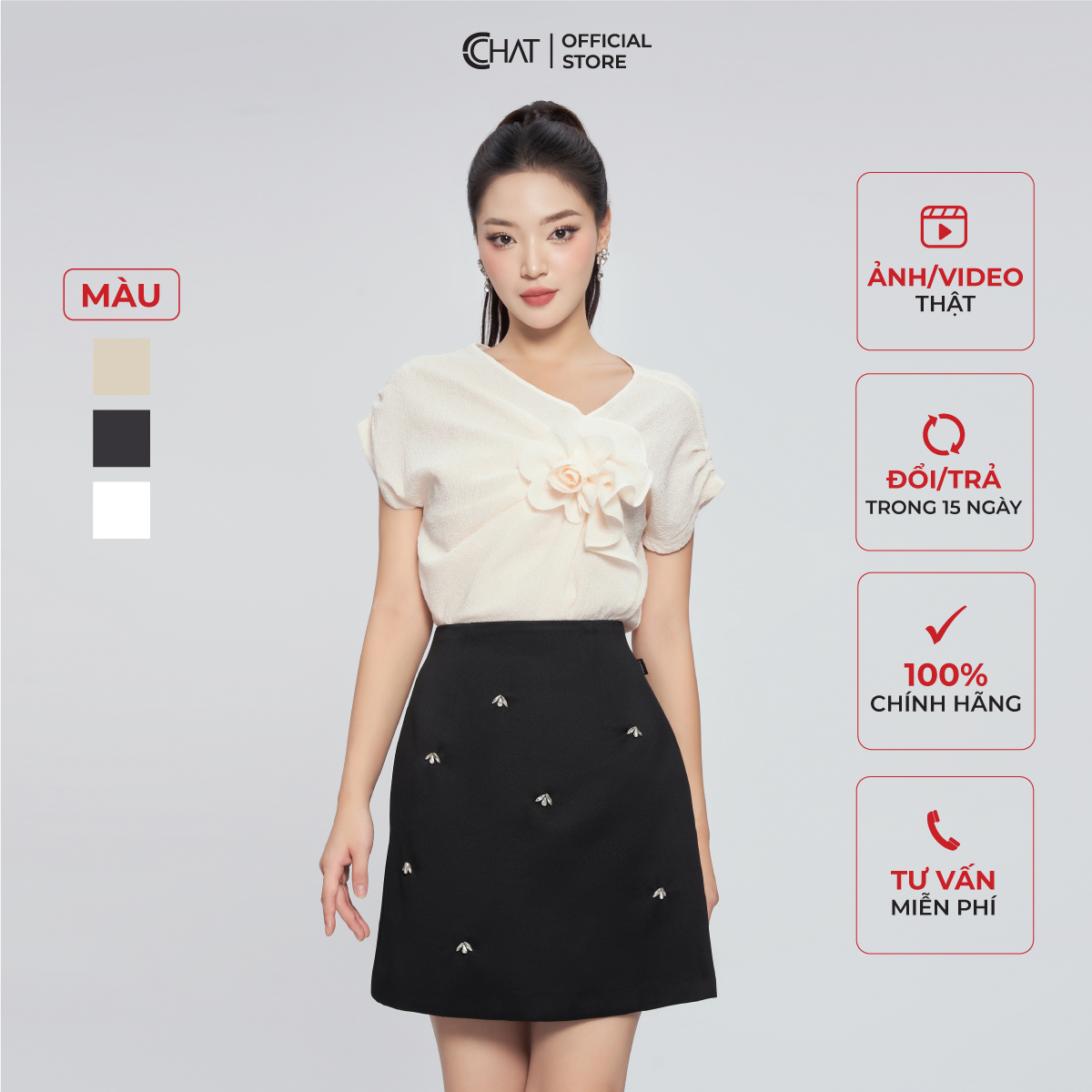 Áo Thun  Kiểu Xếp Nếp Tay Nhún Hoa Cài Ngực Chất Vải Cao Cấp Mềm Mịn 53TNC2043ST