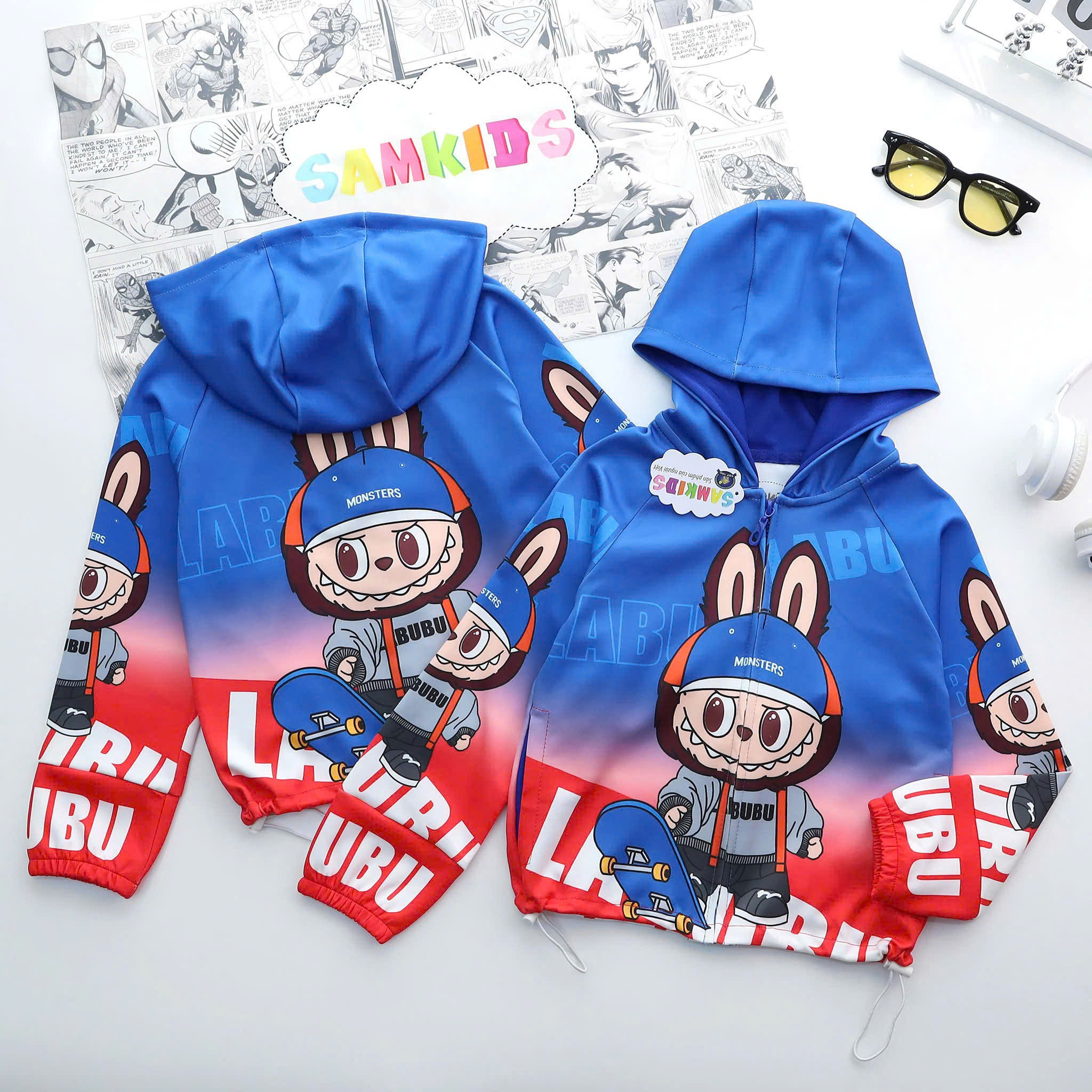 Áo khoác có nón chống nắng cho bé trai hình siêu nhân SPIDERMAN LABUBU size 12-40kg chất thun mềm mát