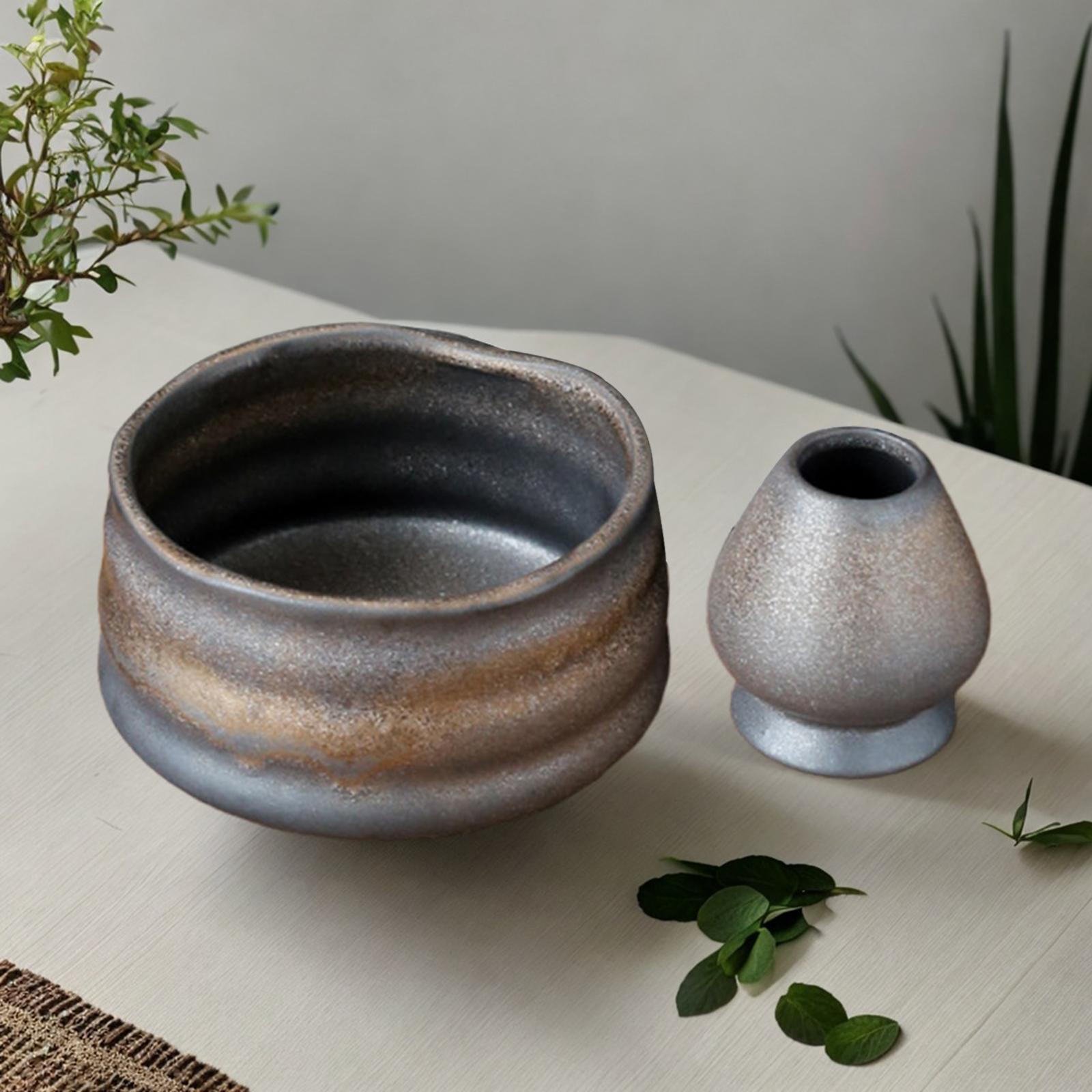 Ceramic Matcha Bowls with Whisk Holder Handmade for Office Dining Room Party