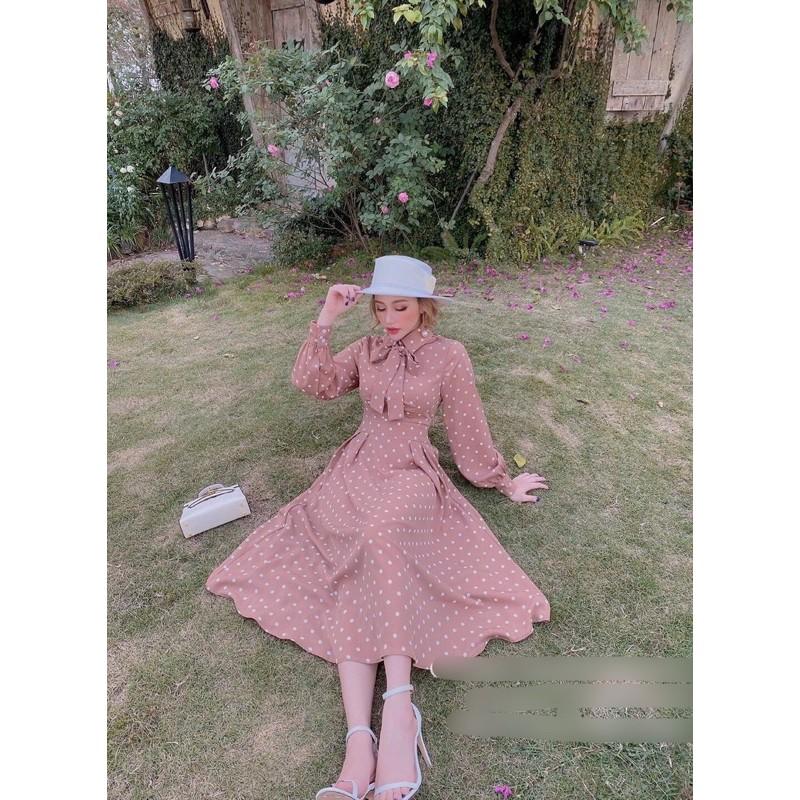 Váy đầm maxi chấm bi cổ sơ mi phối nơ vintage uzzlang
