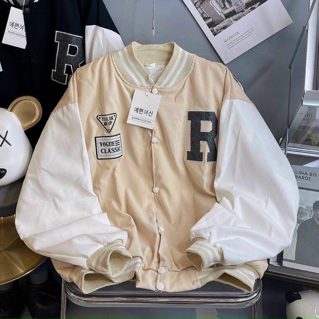 Áo khoác dù bomber jacket phối tay VOGUE CHỮ R form rộng unisex nam nữ