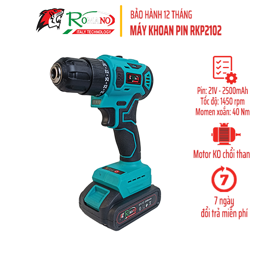 Máy khoan pin 21V ROMANO RKP2102, động cơ KHÔNG chổi than