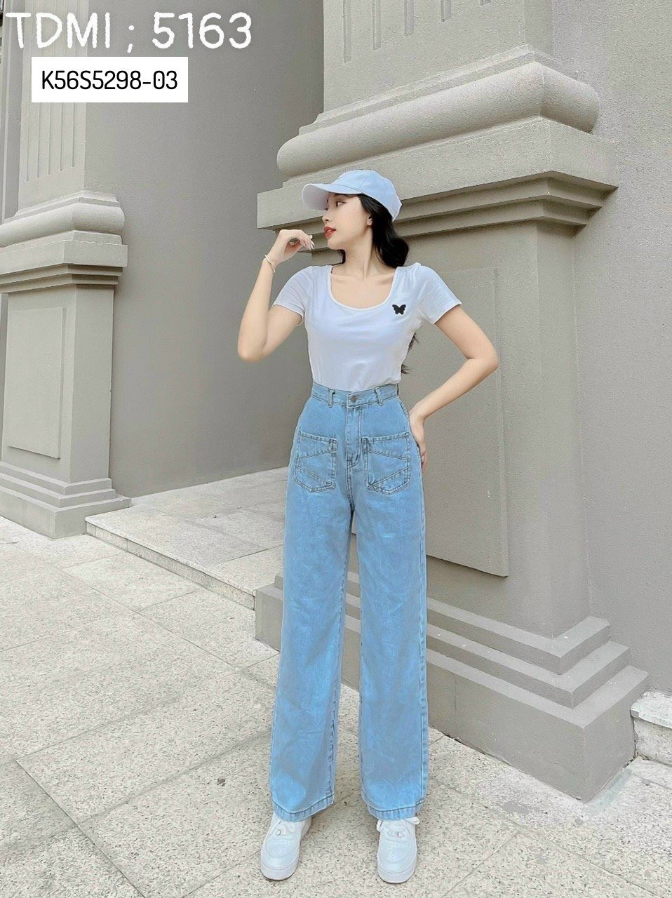 Quần Jean Nữ Suông Túi Kiểu Thêu Chỉ Nổi