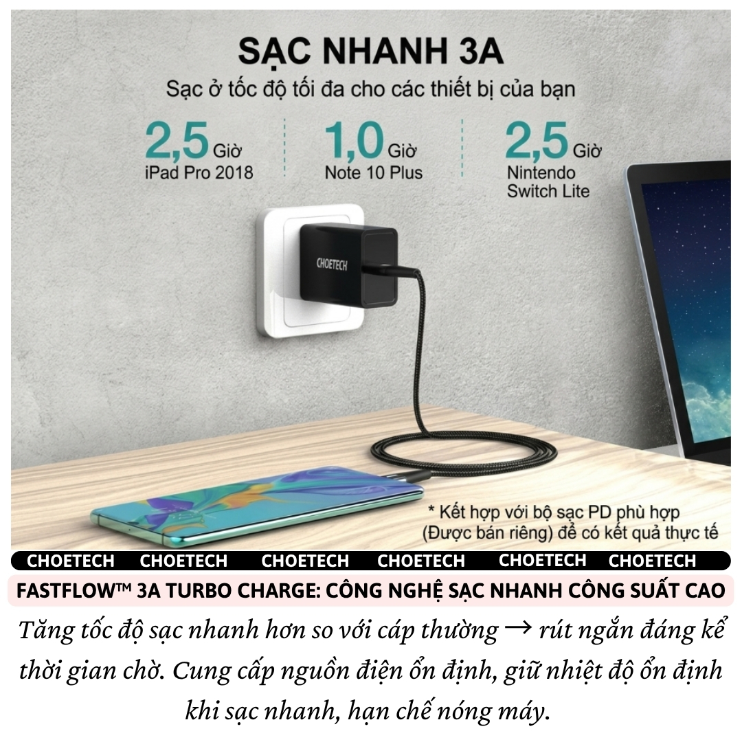 Dây sạc nhanh QC3.0 PD 60W OMNICHARGE Universal USB-C to Type C Choetech XCC-100 cho iPhone / iPad  15 16 17 Pro Max Plus Fold Samsung Oppo MacBook, iPad, Android, Nintendo Switch - hàng nhập khẩu