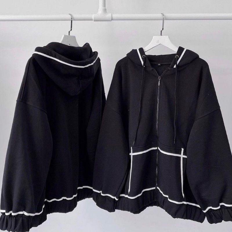Áo khoác form rộng- Áo khoác dây kéo viền trắng || Hany shop