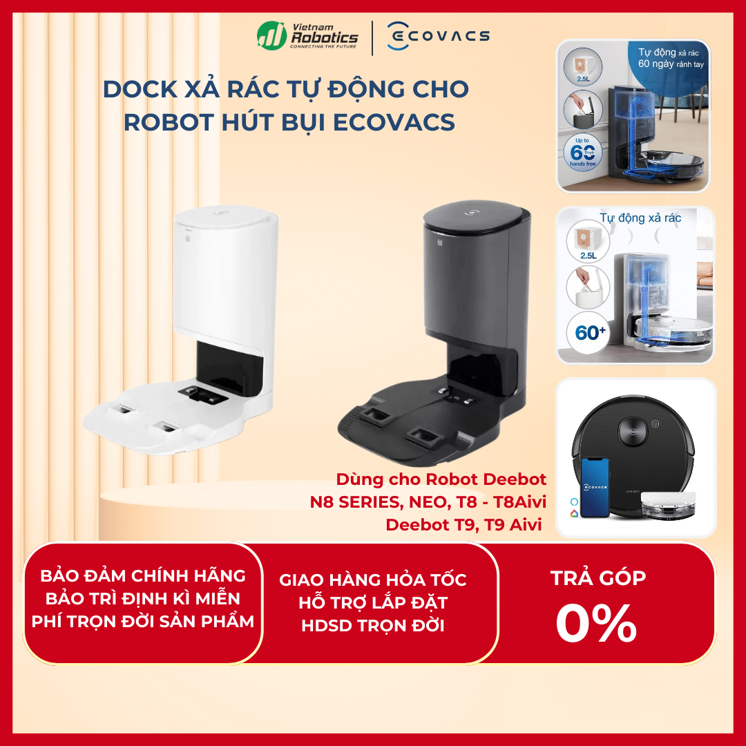 Dock sạc hút rác tự động cho robot hút bụi lau nhà Ecovacs Deebot N8, N8 Pro, N10, T8, T8 AIVI, T9 - Phiên bản quốc tế - Bảo hành 6 tháng