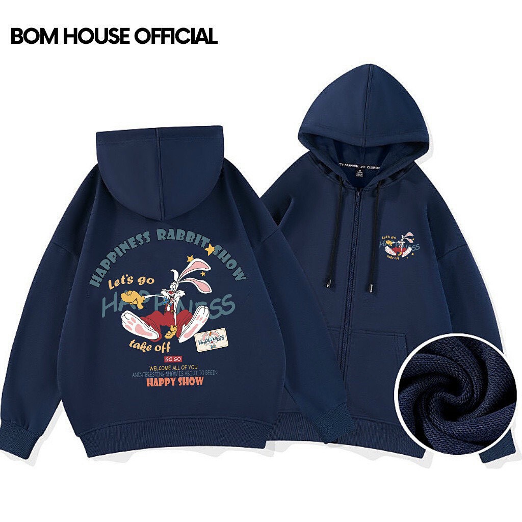 Áo khoác mới in nổi HAPPINESS RABIT SHOW nón rộng 2 lớp vải chính, form rộng 75kg dây kéo phao ,vải dày mịn,chống nắng tốt. Form rộng mặc thoải mái .
