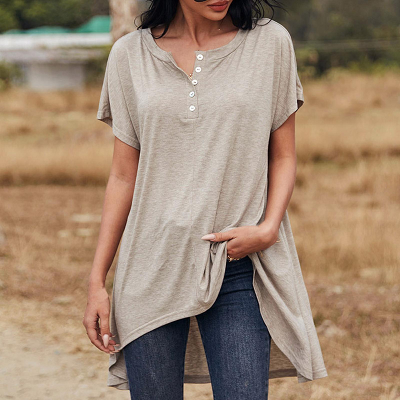 Women Shirt Button Up O Neck Short Sleeve Longer Back Pullover Blouse Casual Loose Tunic Tops