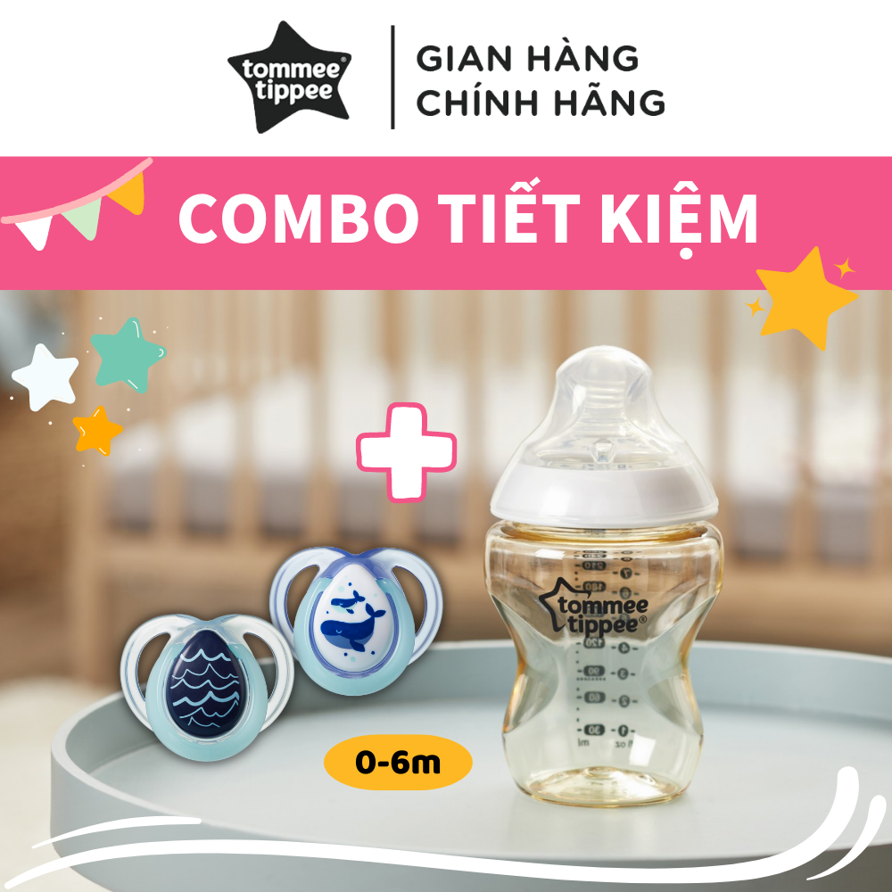 COMBO Bình sữa PPSU ty siêu mềm tự nhiên Tommee Tippee Closer to Nature 260ml &amp; Ty ngậm dạ quang cho bé Tommee Tippee Night Time 0-6 tháng (vỉ đôi) - Cá Voi