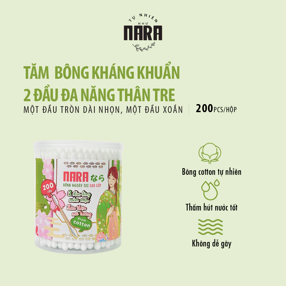 Tăm bông Nara 2 đầu đa năng màu xanh lá hộp 200 cái