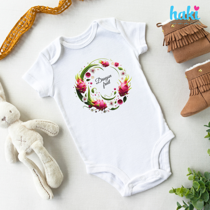 Bộ bodysuits (body liền) cộc tay vai chồm mềm mại, họa tiết thanh long xinh yêu cho bé trai bé gái HAKI BC006