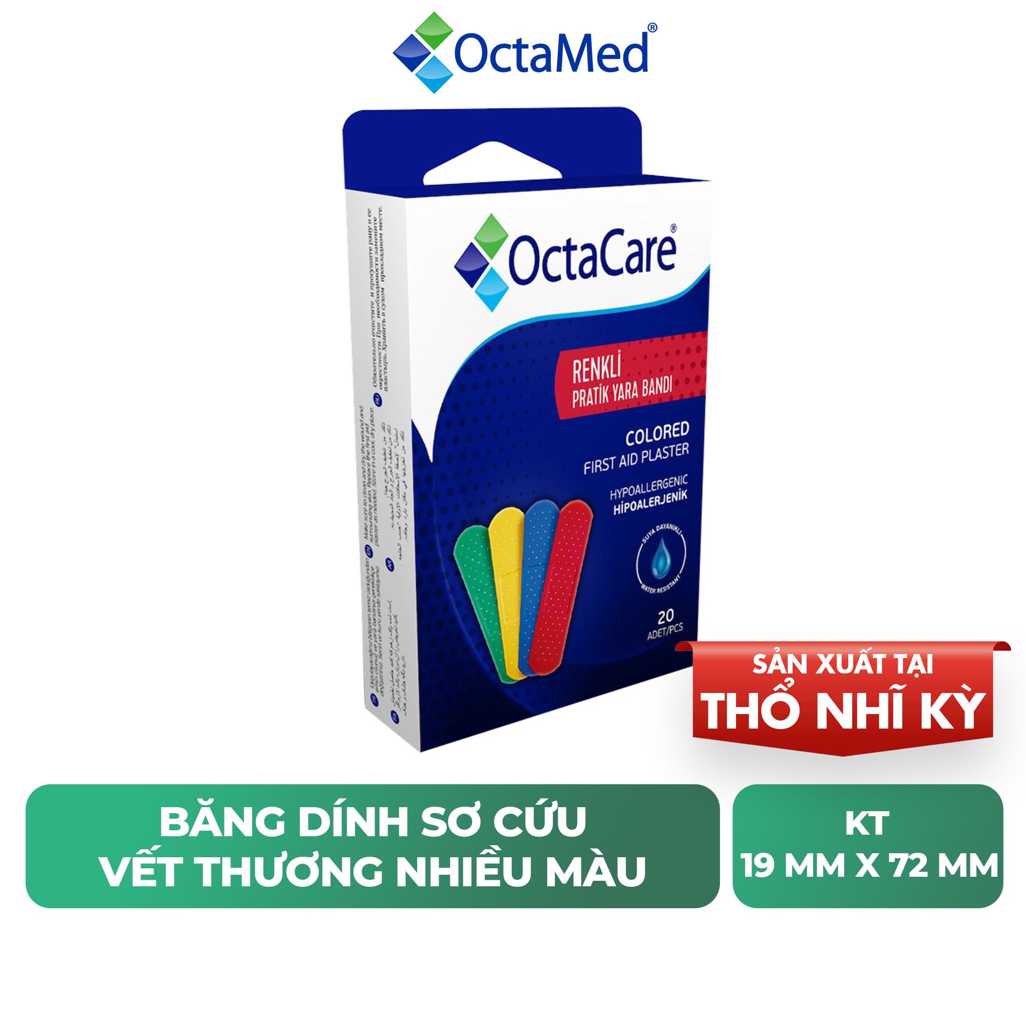 Băng dính sơ cứu nhiều màu không thấm nước, tiệt trùng, không dị ứng Octacare - Hộp 20 miếng