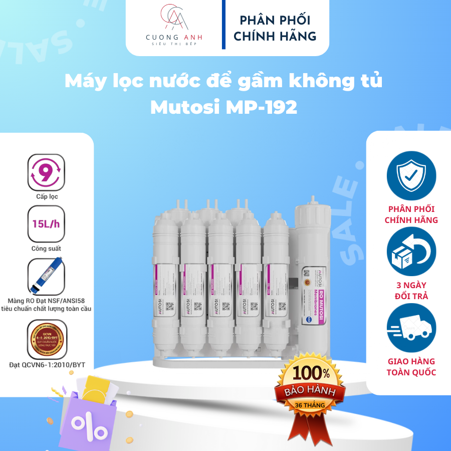 Máy lọc nước Mutosi MP-192, Hàng chính hãng, Bảo hành 36 tháng hệ thống điện - 1 đổi 1 màng lọc Ro trong 12 tháng.