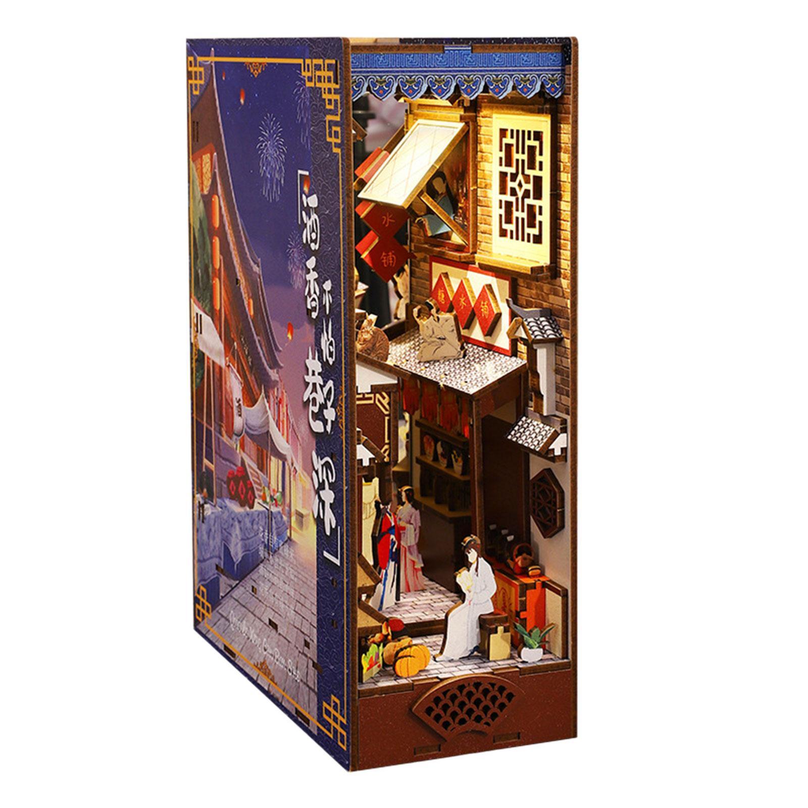 3D Wooden Puzzle Bookend Stand Kit ,DIY Model Miniature Dollhouse Kit unassembled with LED Bookshelf Insert for Gift Boys