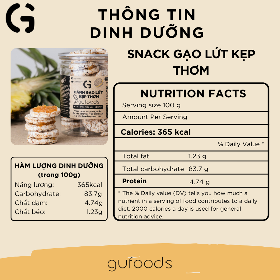 Snack gạo lứt kẹp thơm GUfoods - Chua ngọt thơm ngon, Giàu chất xơ, Ăn vặt Healthy, Eat clean, Thuần chay