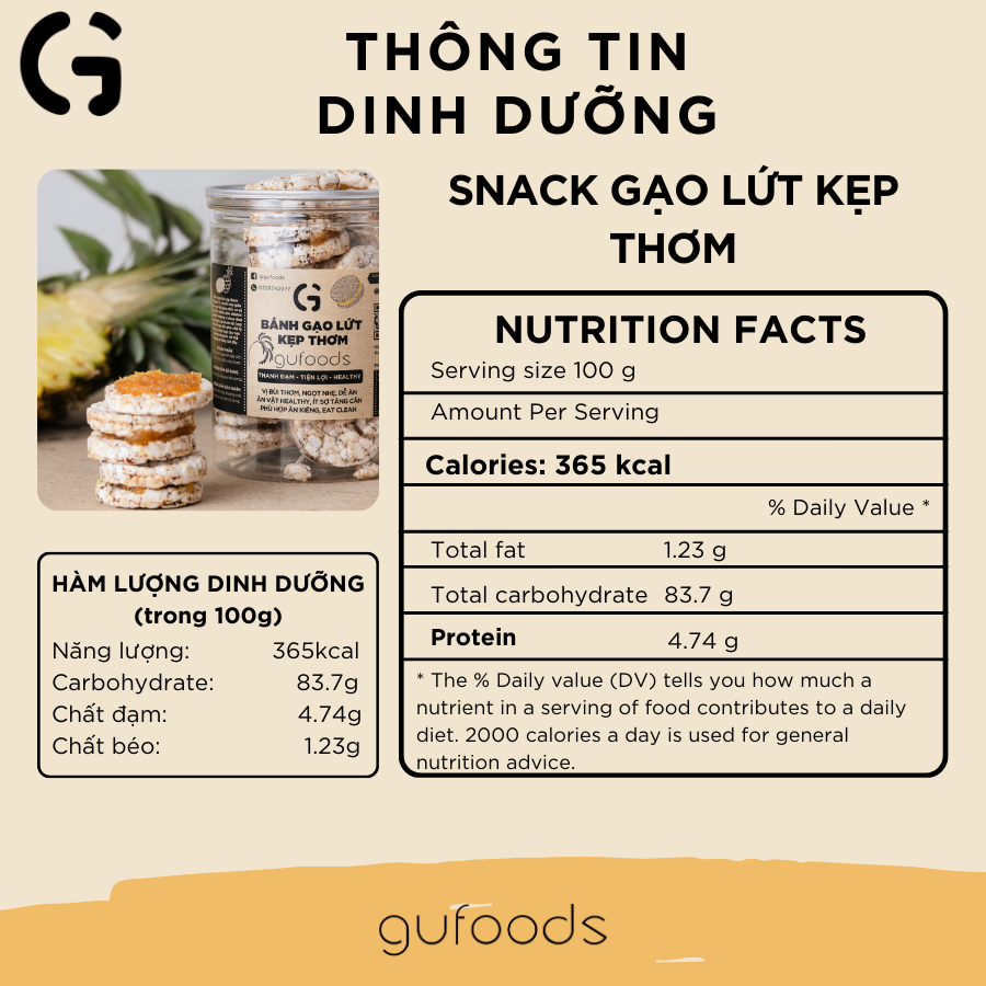 Snack gạo lứt kẹp thơm GUfoods - Chua ngọt thơm ngon, Giàu chất xơ, Ăn vặt Healthy, Eat clean, Thuần chay (80g/150g)