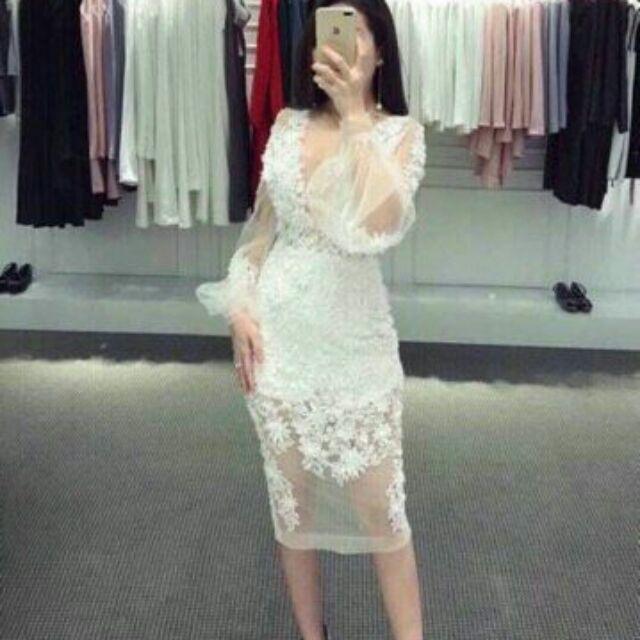 Đầm body tay dài voan thêu xịn