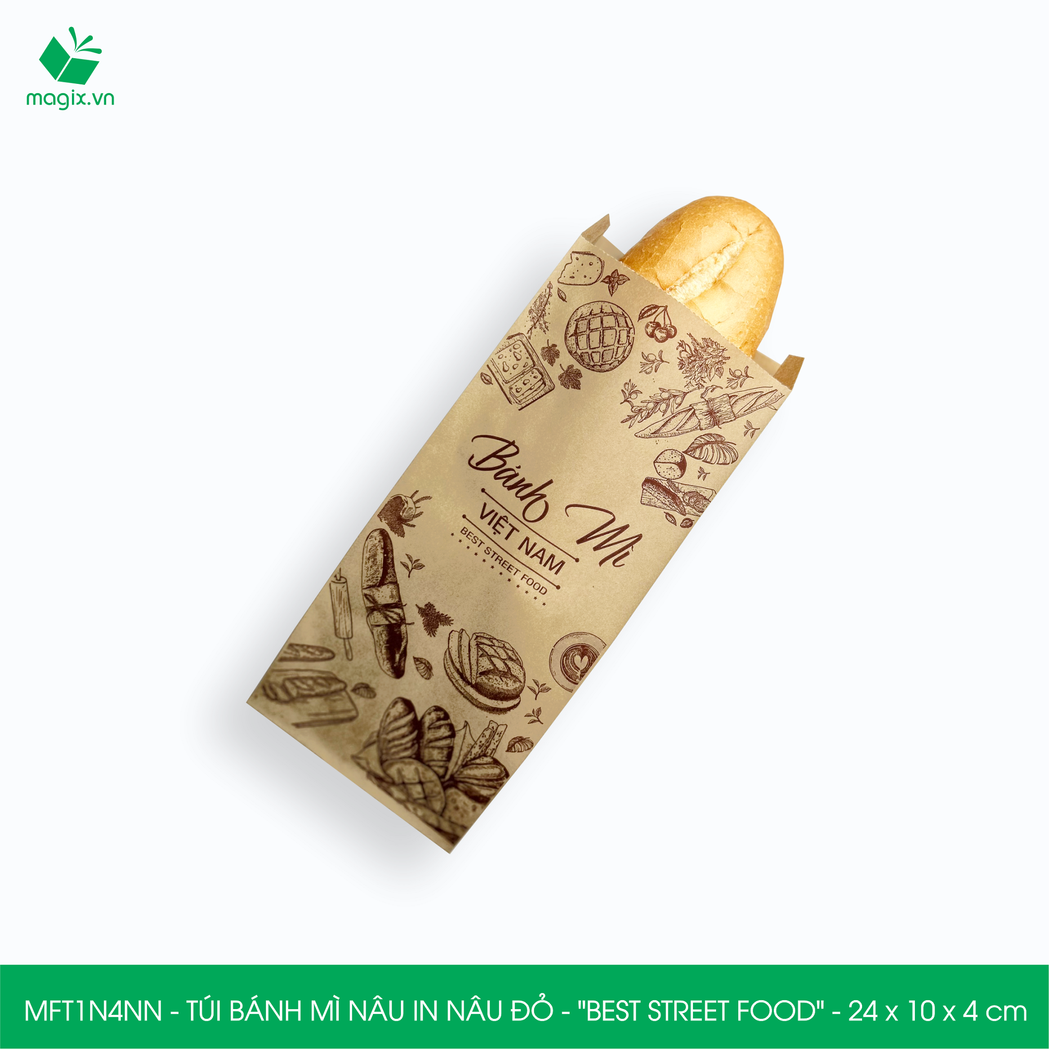 MFT1N4NN - 24x10x4 cm - 200 Túi bánh mì Nâu, in sẵn họa tiết BEST STREET FOOD - Bao bánh mì Túi giấy thực phẩm an toàn