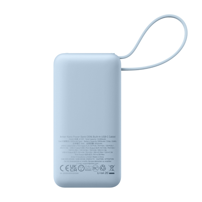 Sạc dự phòng Anker Nano 1A1C 30W 10000mah (Built-In USB-C Cable) A1259 - Hàng Chính Hãng