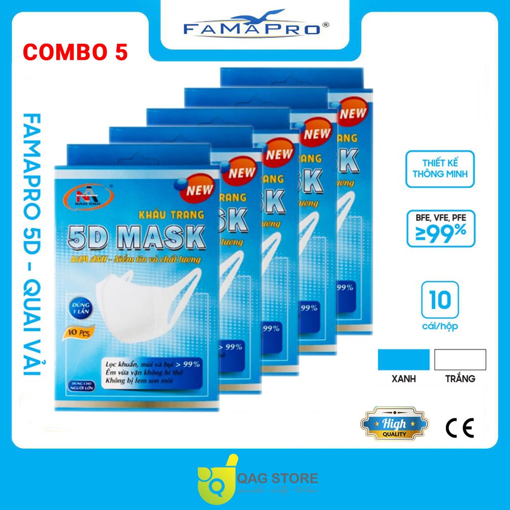 [Combo 5 Hộp Chính hãng] Khẩu trang y tế kháng khuẩn 3 lớp Famapro 5D Mask/ Giá ưu đãi Tiêu chuẩn quốc tế hộp 10 cái dây vải