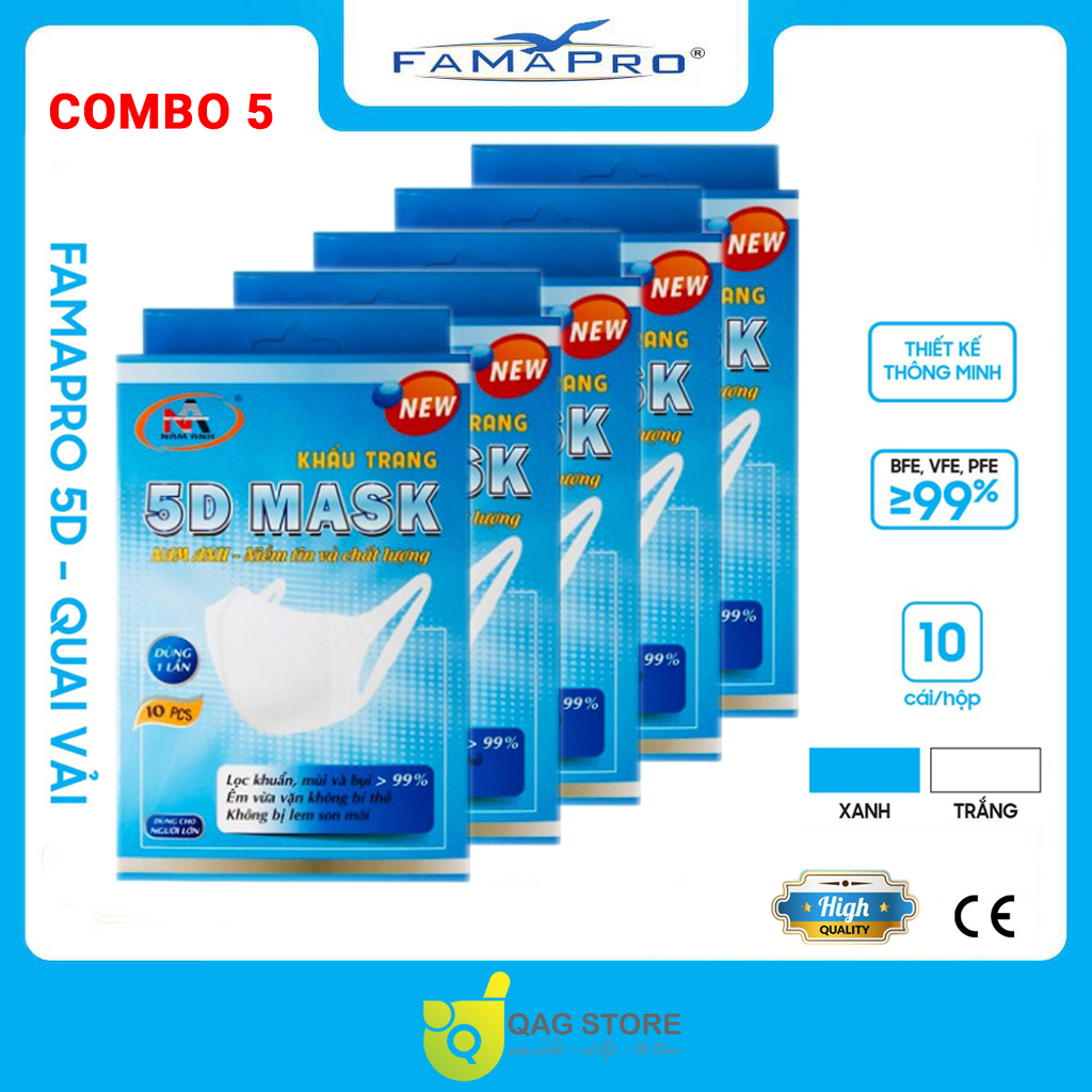 Khẩu trang y tế kháng khuẩn 3 lớp Famapro 5D Mask/ Giá ưu đãi Tiêu chuẩn quốc tế hộp 10 cái dây vải