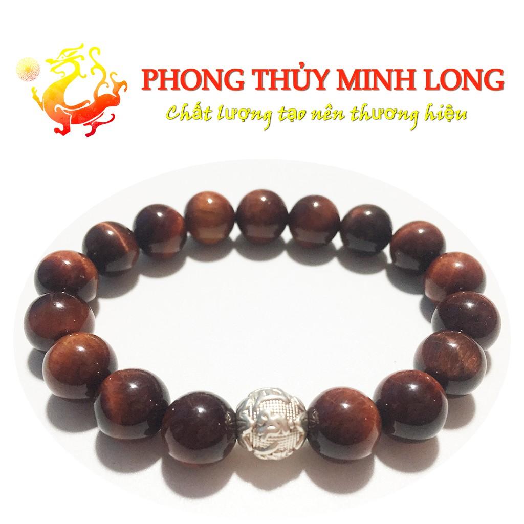 Vòng tay đá mắt hổ Đỏ Nâu chất lượng 5A mix 1 hạt Kim Tiền Bạc hợp mệnh Hỏa và Thổ