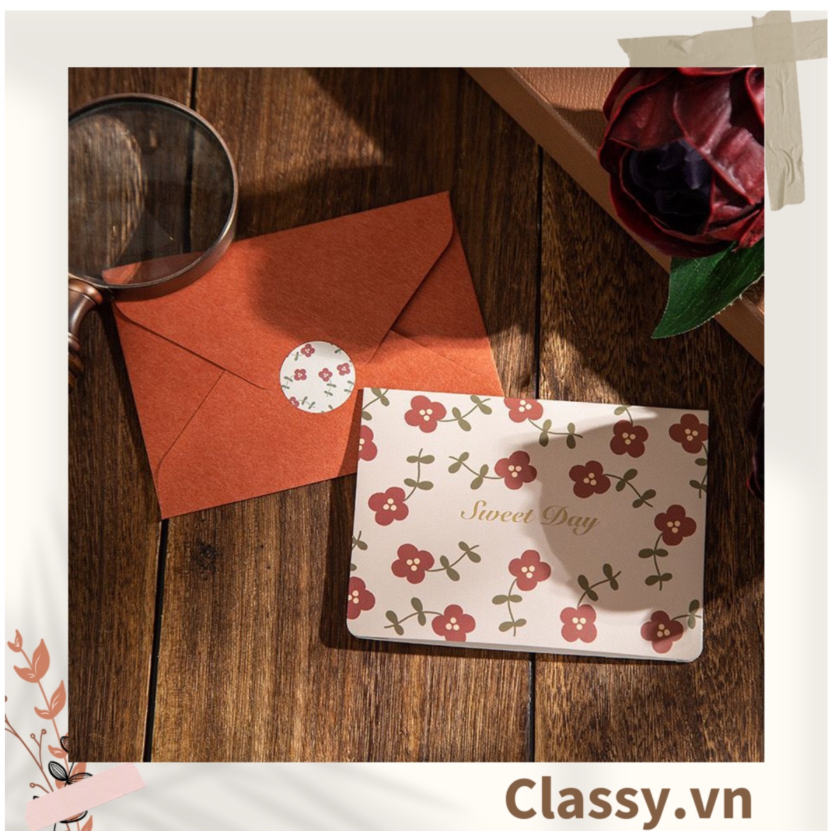Thiệp Cổ điển Vintage in họa tiết hoa nhí giấy art sang trọng kèm phong bì giấy kraft nâu Q724