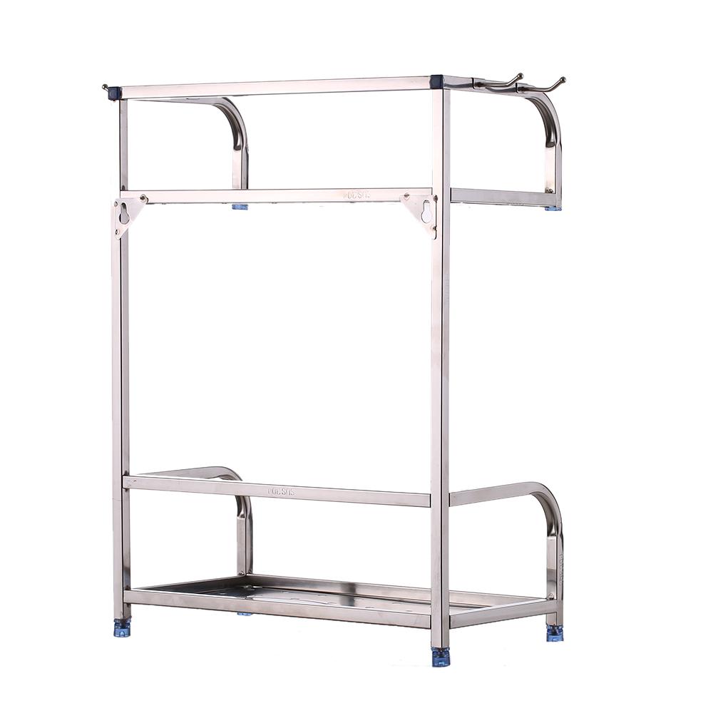 Kệ bếp 2 tầng bằng thép không gỉ 304, chống gỉ sét, thiết kế có móc treo, tiện lợi cho nhà bếp