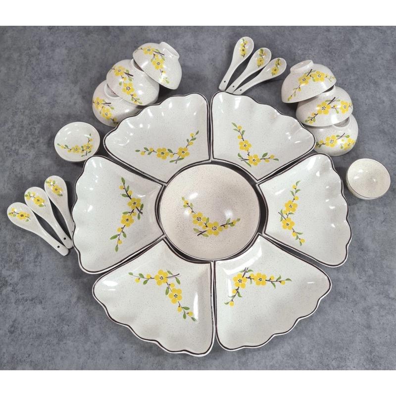 Set hoa mặt trời men gốm 21 món. Gốm sứ Bát Tràng.