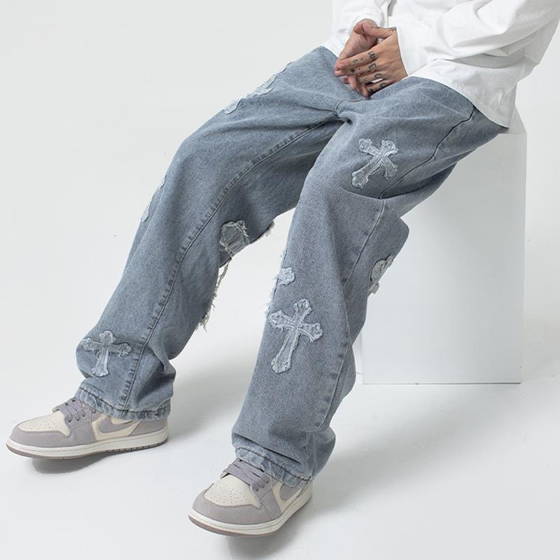 Quần Jean Nam Ống Suông, Quần Baggy Jean Nam Ống Rộng Thêu Thánh Giá