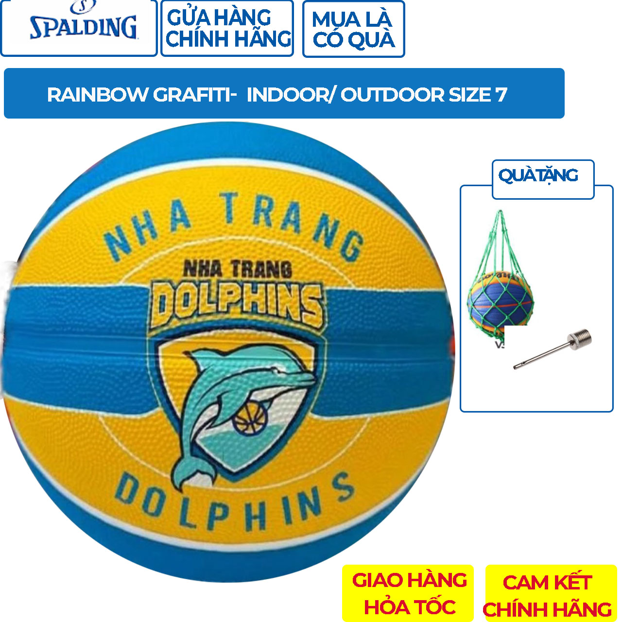 Quả Bóng Rổ Spalding Nha Trang Dolphins Size 7 - Tặng Kim Bơm Bóng Và Túi Lưới Đựng Bóng