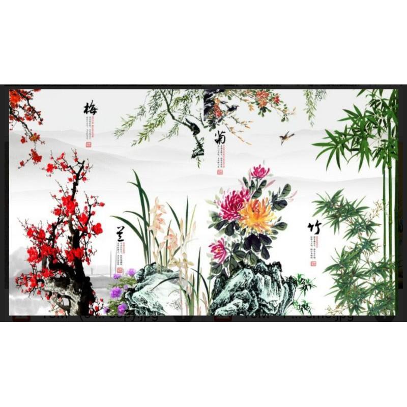 tranh tứ quý 3D dán kính 2 mặt 75x120cm