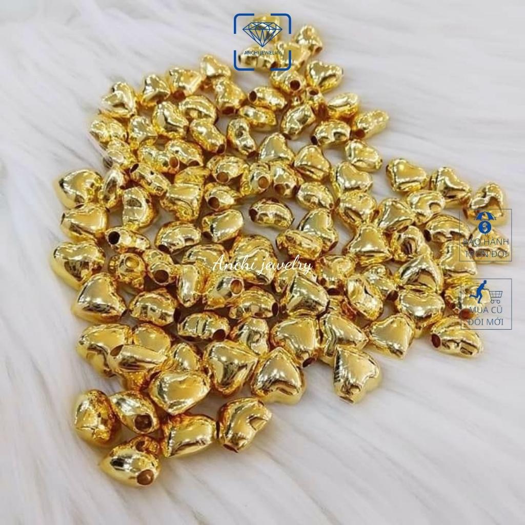 Vòng tay charm vàng dây cước 2mm đỏ mặt tim 10k khắc tên theo yêu cầu, Anchi jewelry