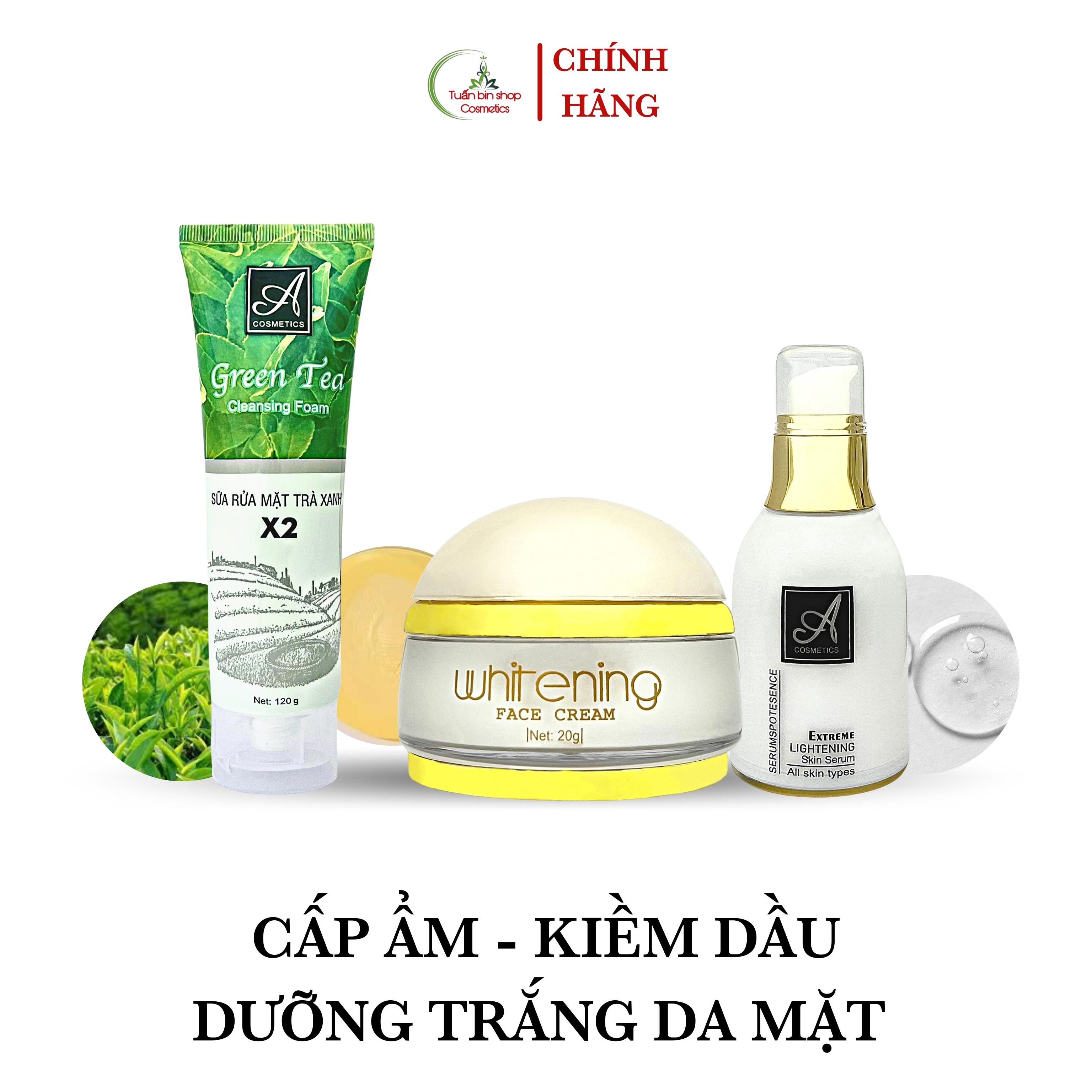 Combo cấp ẩm, dưỡng trắng da mặt, kiềm dầu Acosmetics, kem face pháp, serum cấp ẩm esence, sữa rửa mặt trà xanh x2 170g