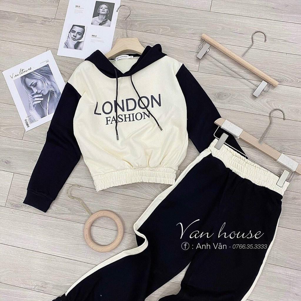 Đồ bộ thể thao thu đông phối màu có mũ in chữ LONDON