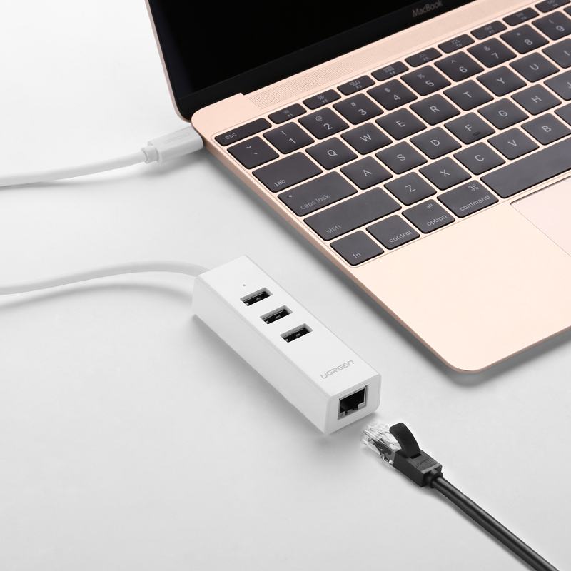 Cáp chuyển đổi USB type C sang đầu mạng Ethernet RJ45 + Hub 3 cổng USB2.0 dài 30cm UGREEN 20792 - Hàng Nhập Khẩu