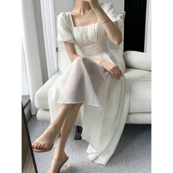 Đầm midi cổ vuông trắng tay phồng ngắn lụa phối voan đi biển dự tiệc cao cấp size S M L bigsize chiết eo tôn dáng xếp