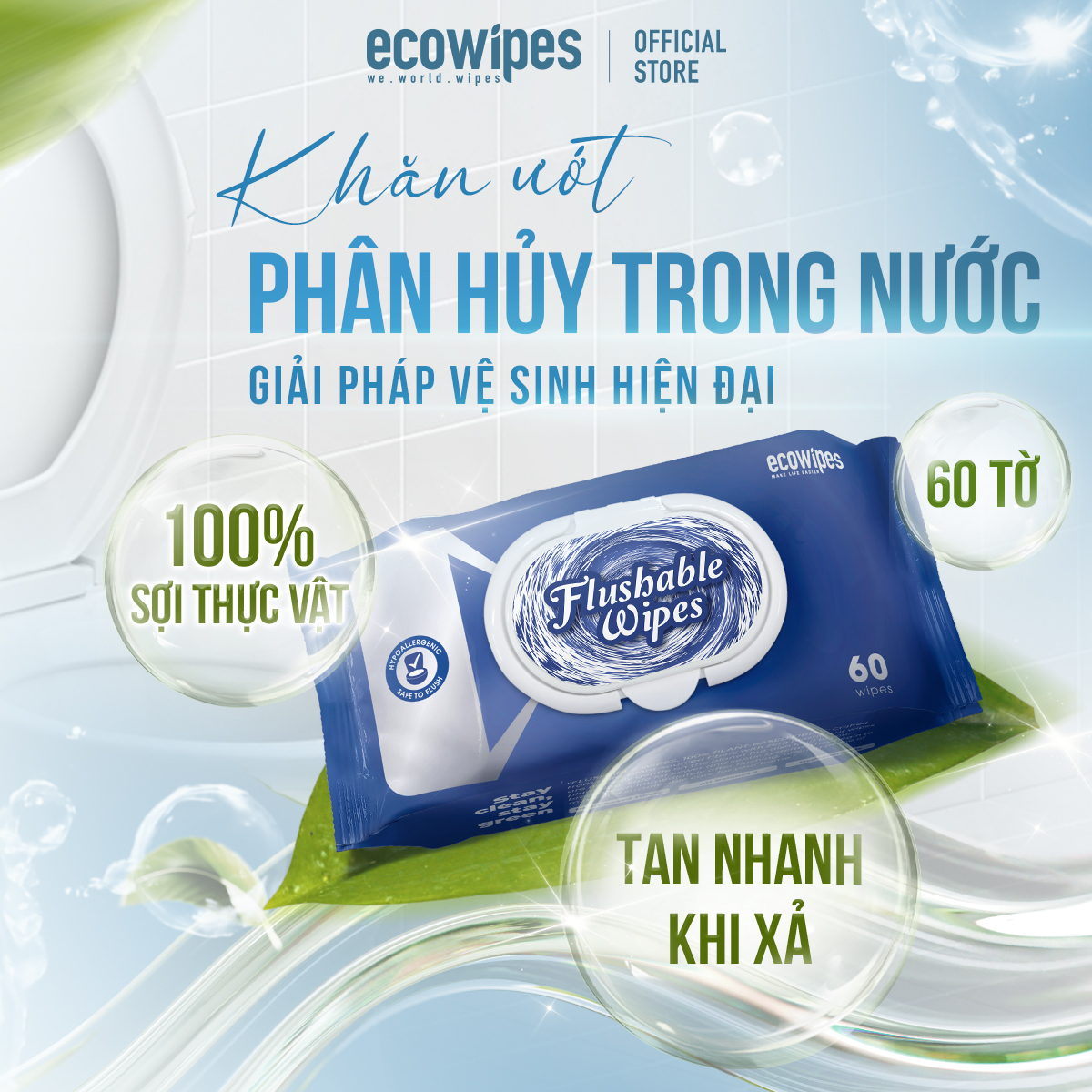 Khăn Ướt Flushable EcoWipes Gói 60 Tờ Khăn Lau Vệ Sinh Tự Phân Hủy Trong Nước