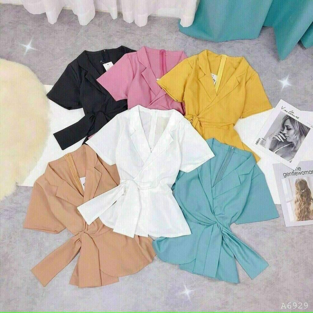 [L2M] Áo sơ mi kiểu nữ peplum CỔ VEST có dây cột nơ eo và chun lưng giấu bụng hiệu quả
