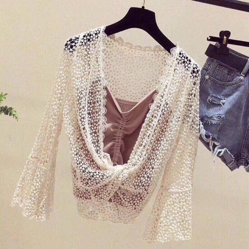 Áo khoác ren hạt tay loe đi biển hàng QC