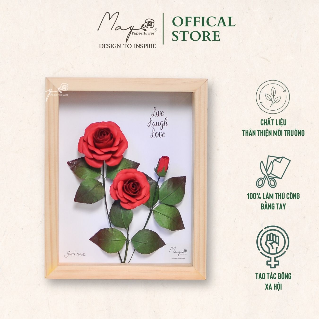 Tranh hoa giấy handmade trang trí cao cấp SIMPLICITY Hoa Hồng 20x25 cm - Maypaperflower Hoa giấy nghệ thuật