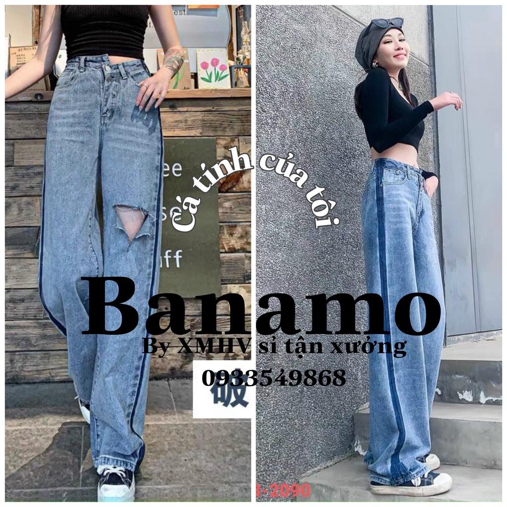 Quần JEANS nữ ống rộng lưng cao rách đùi cá tính thời trang Banamo Fashion 968