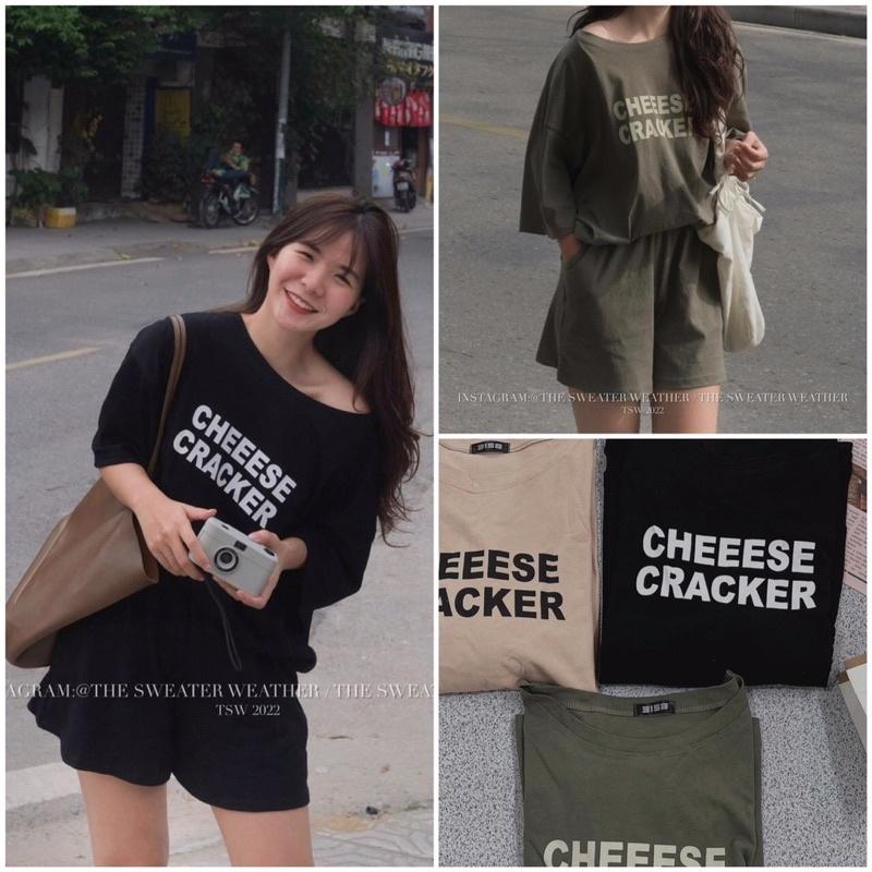 Set đồ thun áo phông in chữ Cheese kèm quần short nhiều màu