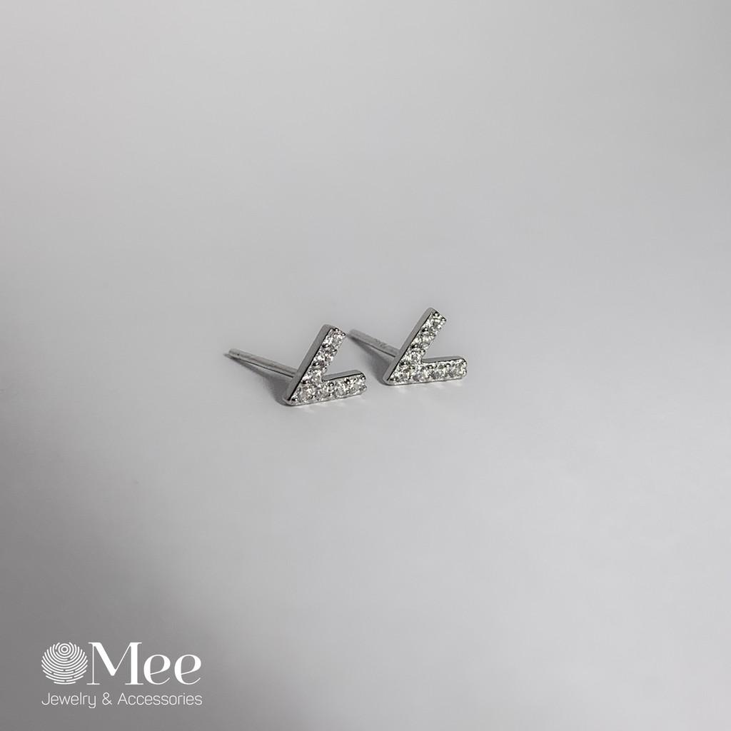 Khuyên tai bạc 925 MEE bông tai chữ V đính đá, tặng kèm chốt bạc nguyên chất - E6633
