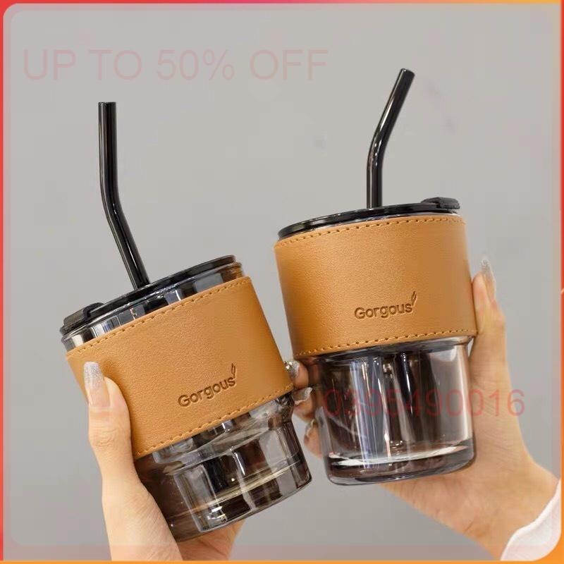 Cốc thủy tinh hổ phách GorGous bọc da 450ml sang chảnh chống bỏng có nắp kín cao cấp thời trang Qimato