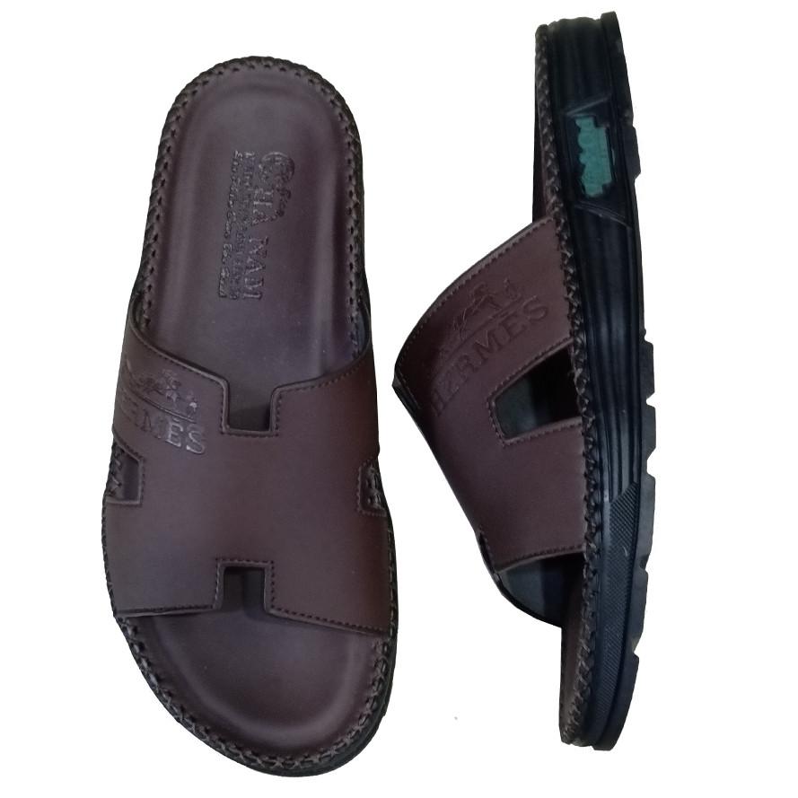 Dép Nam Da Bò HA NAM Đế Siêu Nhẹ Khâu Chỉ Toàn Bộ DNA22041 - Màu Đen