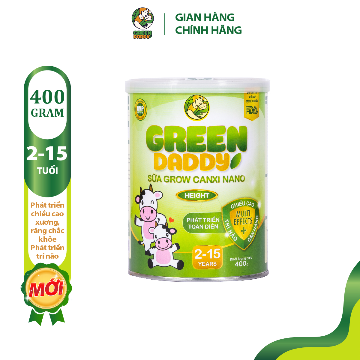 Sữa bột tăng chiều cao Green Daddy Grow canxi nano lon 400g, hỗ trợ phát triển toàn diện, trí não và cân nặng, dành cho bé từ 2 - 15 tuổi