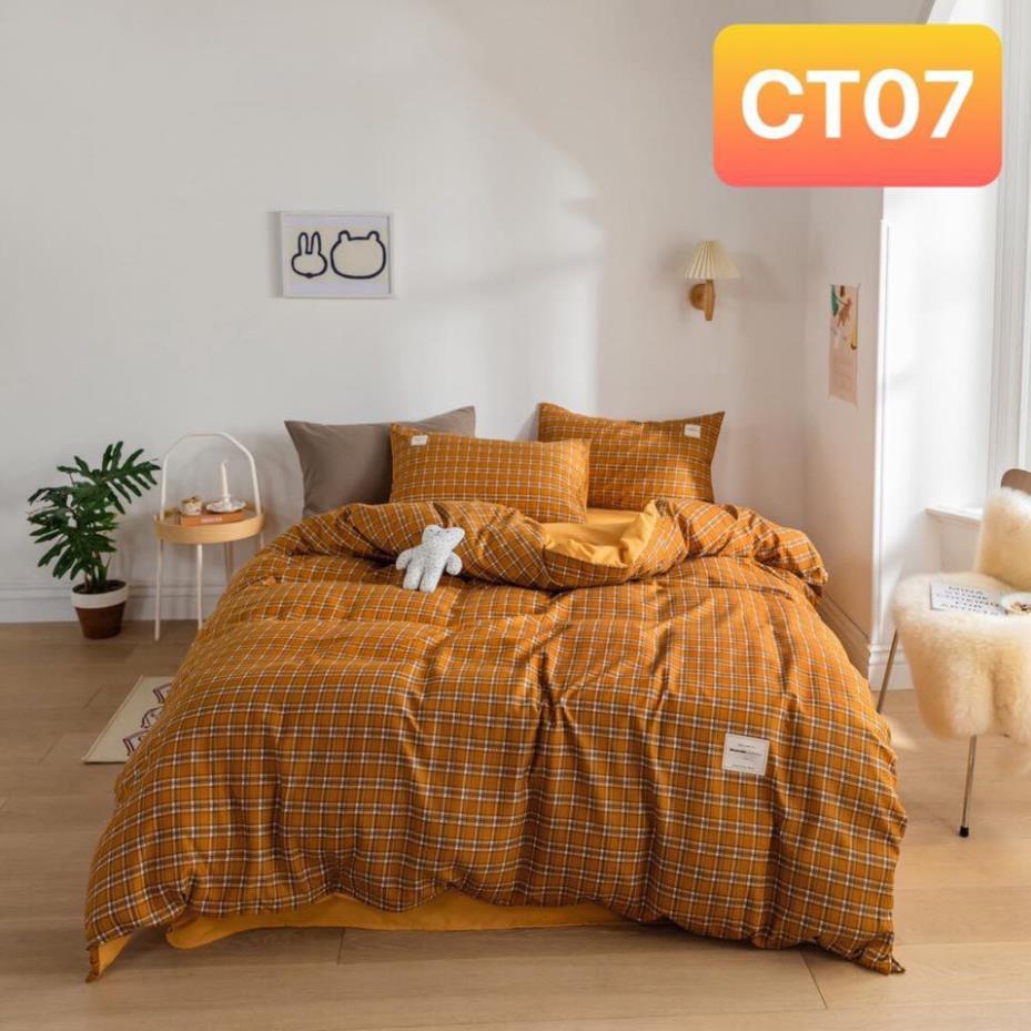 Bộ chăn ga gối Cotton TC Nhà Nhím Chăn ga gối kẻ sọc caro 4 món