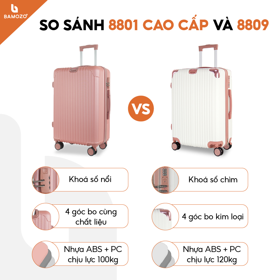 Vali du lịch BAMOZO 8809 MÀU BẠC size 20/24/28 , vali kéo nhựa bảo hành 5 năm