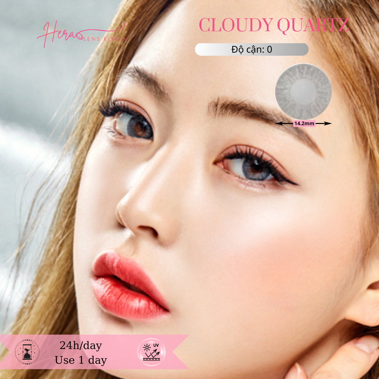 Kính Áp Tròng Hera CLOUDY QUARTZ Màu Xám Vân Đá Không Độ Nhập Khẩu Hàn Quốc Lens Không Cận 1 Ngày